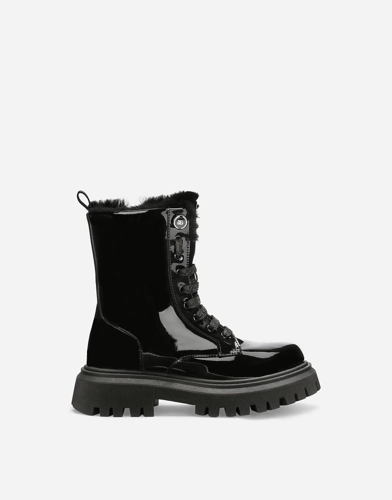 Patent leather combat boots with faux fur lining