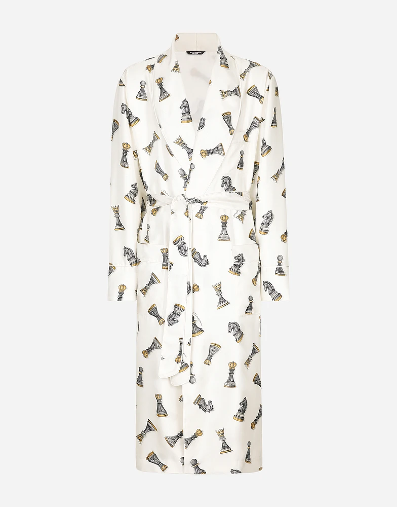 Silk twill robe with chess-piece print
