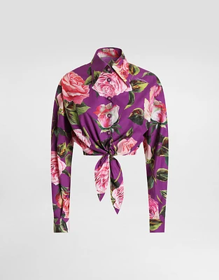 Cotton pussy-bow shirt with rose print