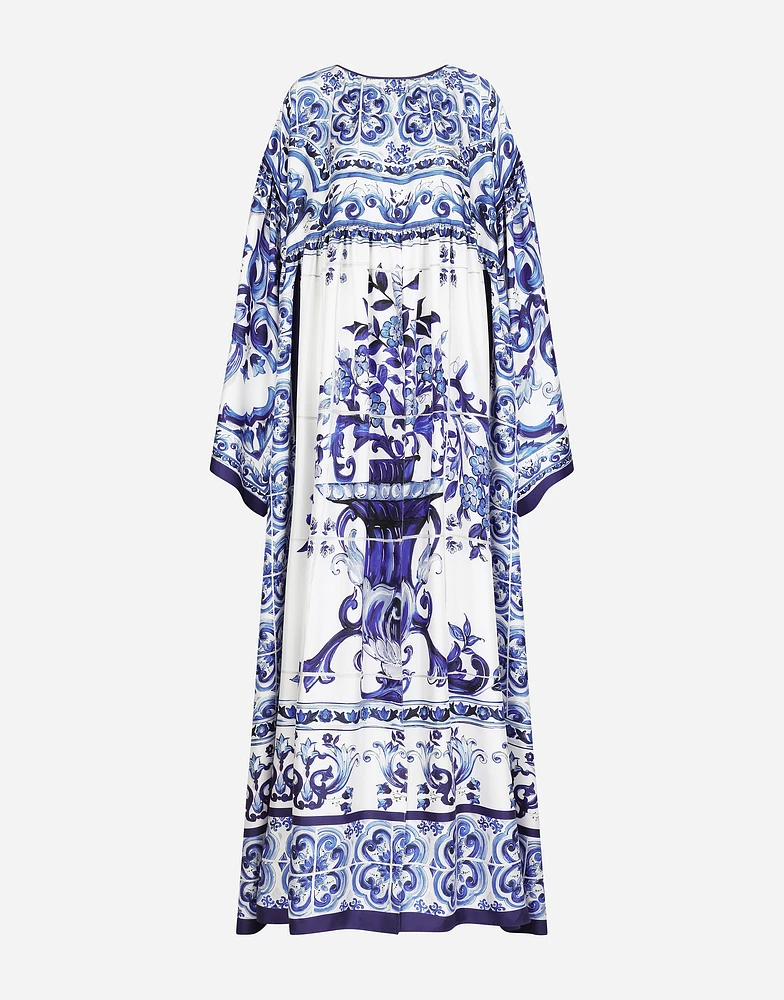 Silk twill caftan with majolica print