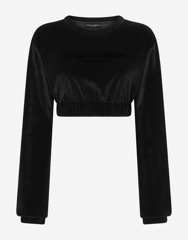 Cropped chenille sweatshirt with carpet-stitch embroidery