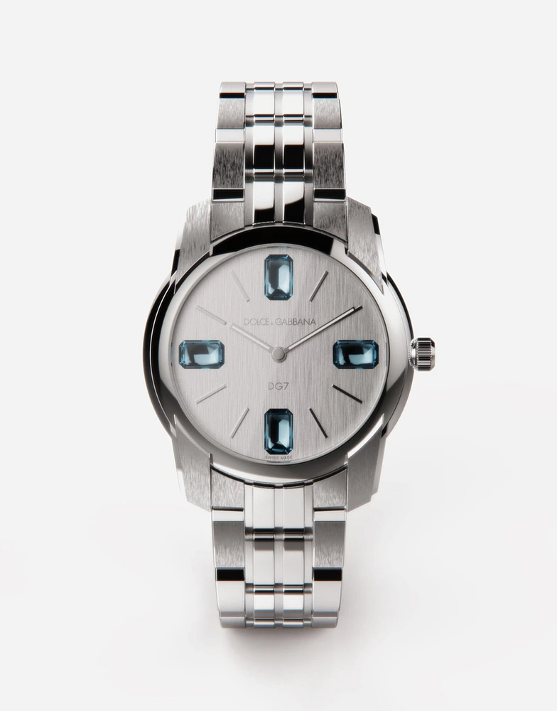 DG7Gems steel watch with light blue topazes
