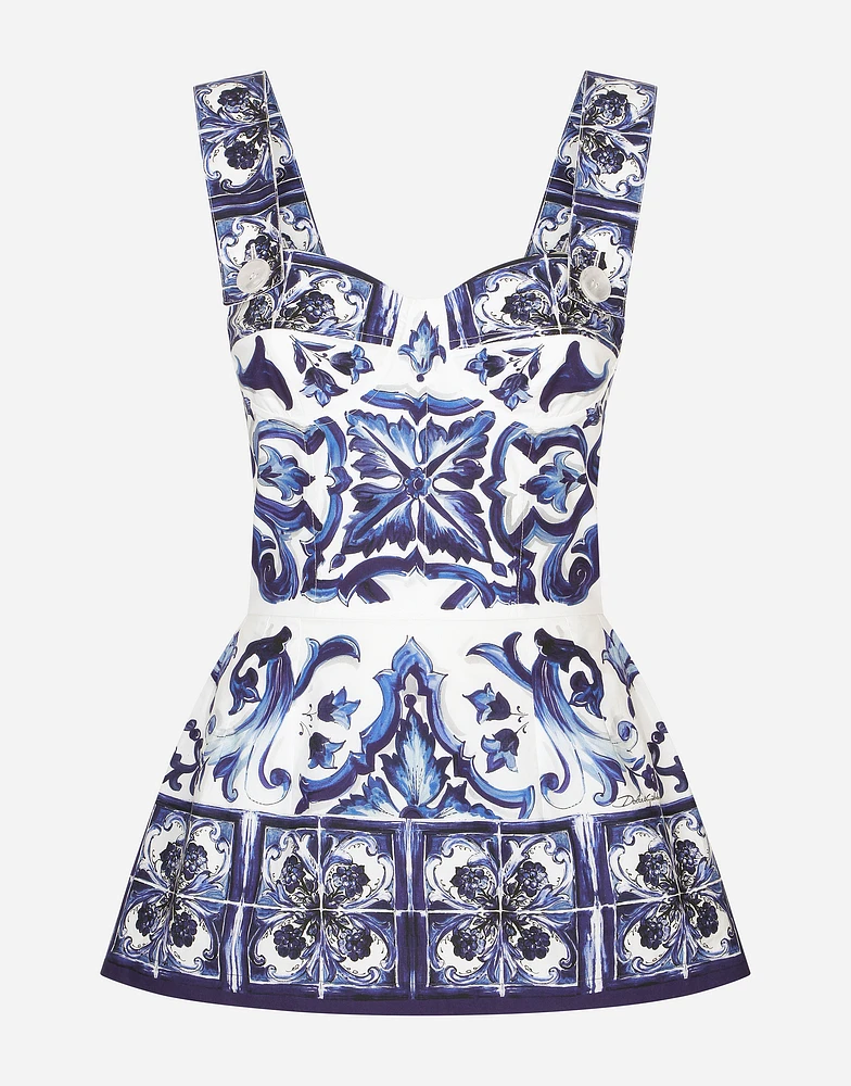 Majolica-print poplin top with peplum detail