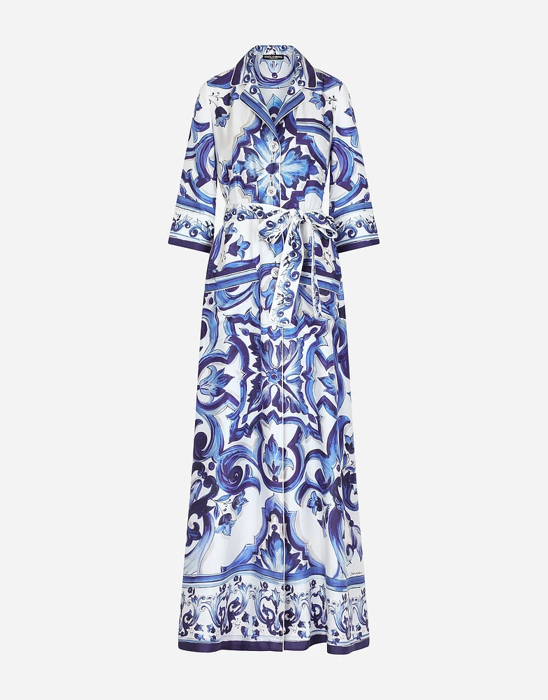 Long majolica-print twill shirt dress