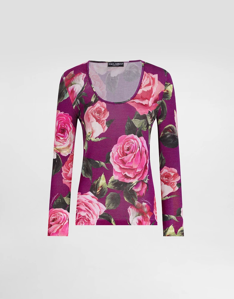 Rose-print silk sweater