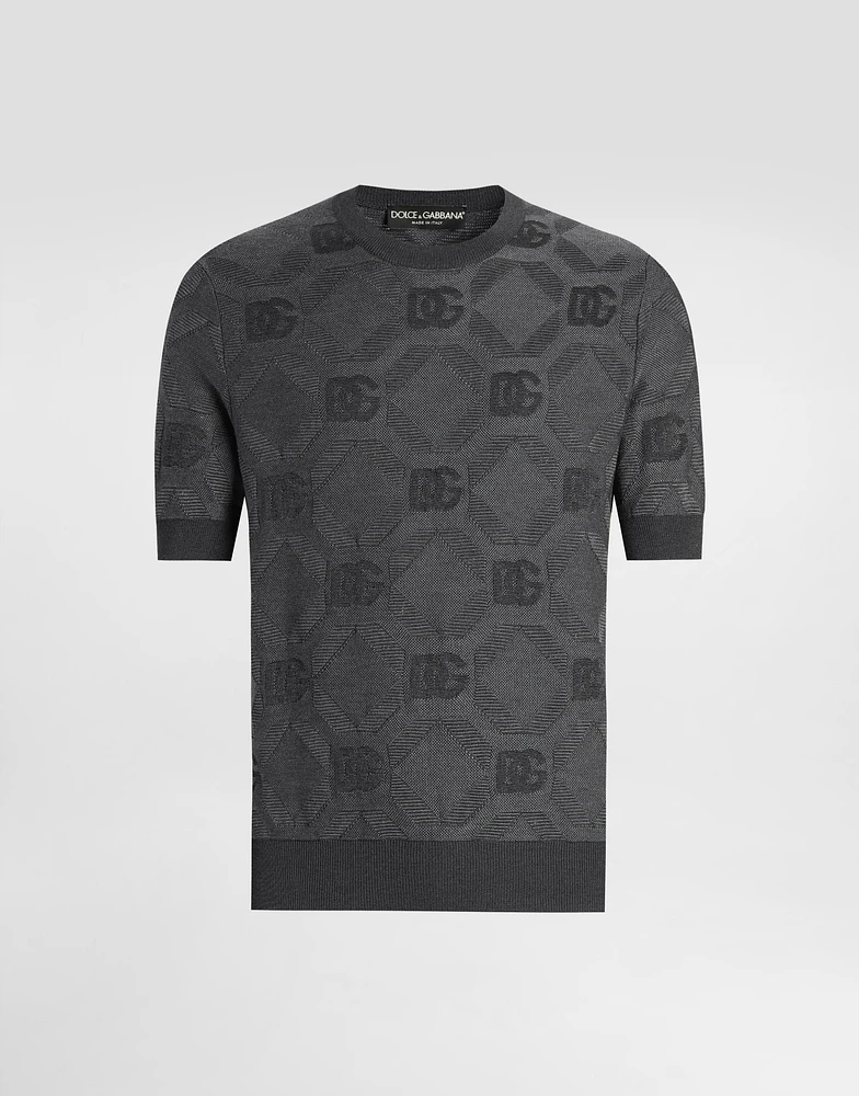 Silk round-neck sweater with jacquard logo