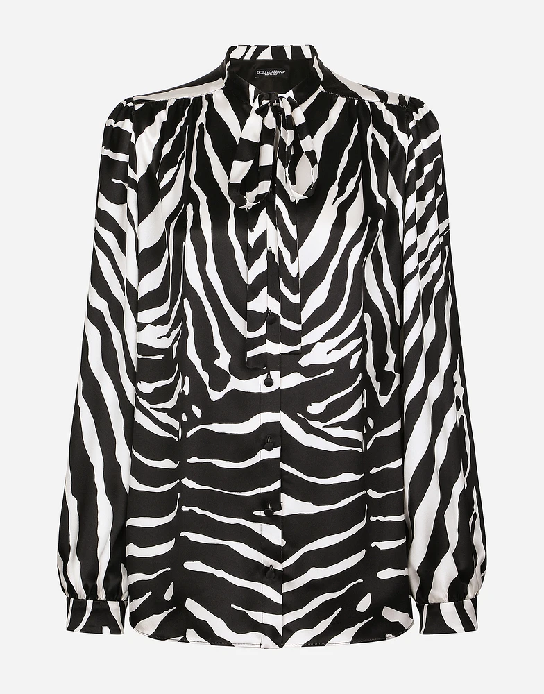 Zebra-print satin pussy-bow shirt