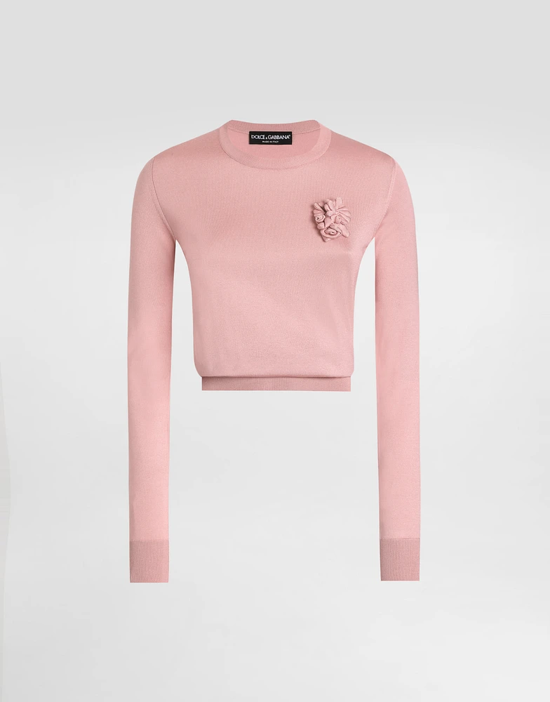 Long-sleeved silk sweater with flower embellishment