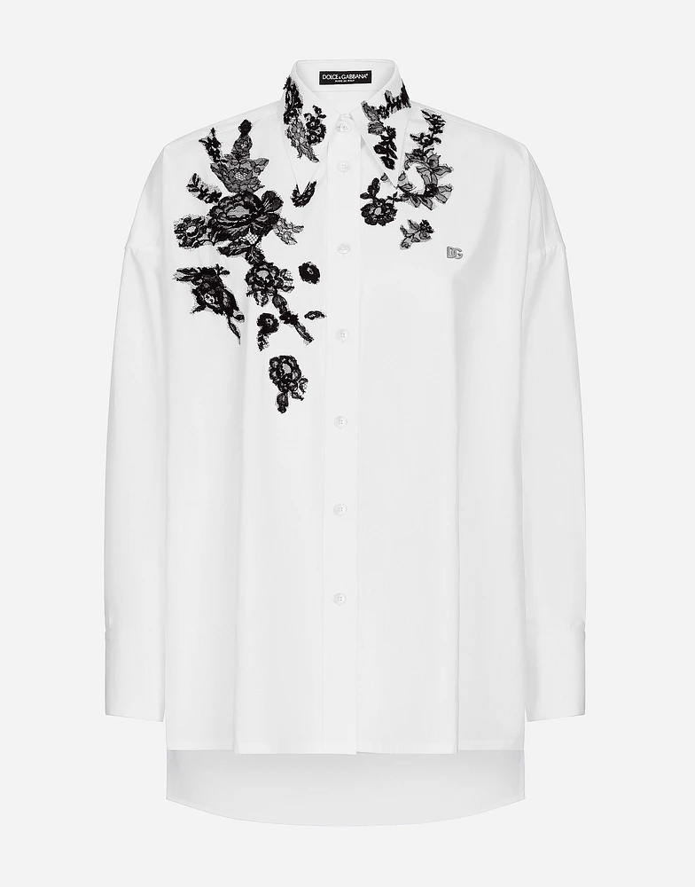 Oversize cotton shirt with lace appliqués