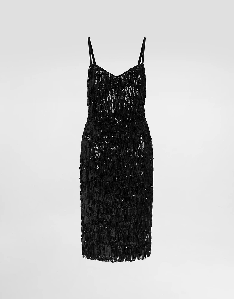 Calf-length slip dress with sequined fringing