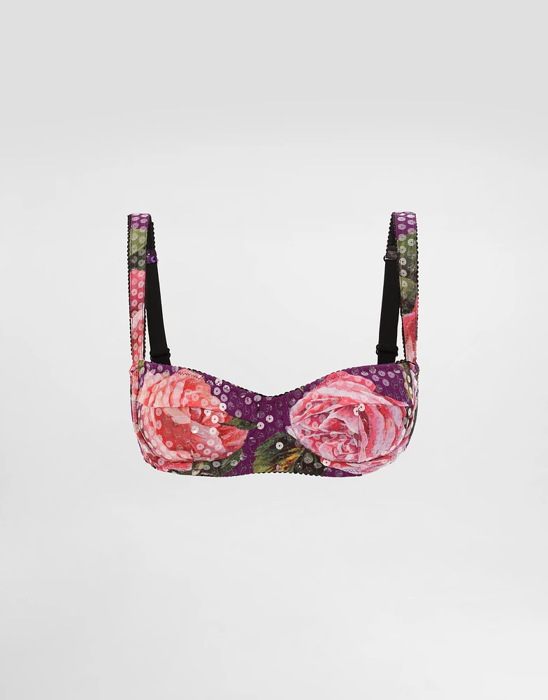 Sequin-embroidered cady balconette bra with rose print
