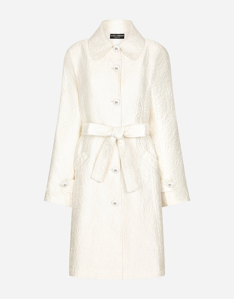 Belted floral jacquard coat