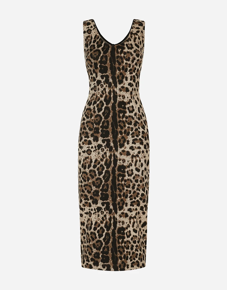 Long jersey dress with jacquard leopard design