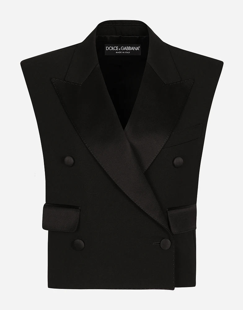 Sleeveless double-breasted wool gabardine tuxedo jacket