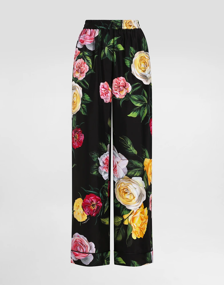 Silk habotai pajama pants with peony and rose print