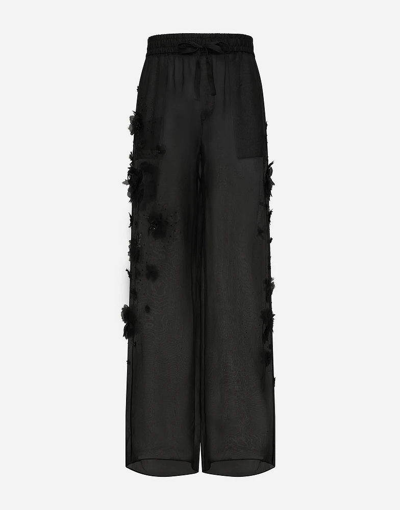 Silk organza jogging pants with embroidery
