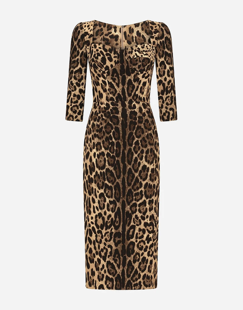 Leopard-print calf-length cady dress