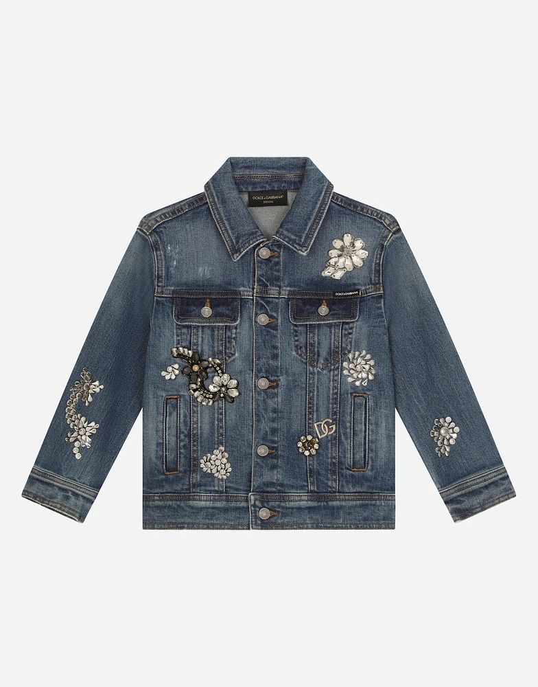 Stretch denim jacket with rhinestones and embroidery