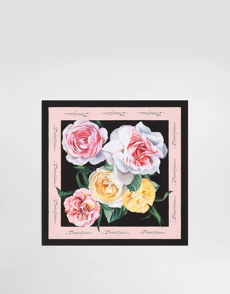 Rose and peony-print silk twill foulard (50x50)