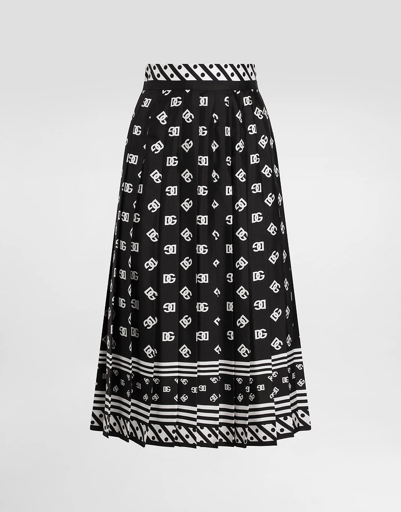 Pleated silk twill calf-length skirt with all-over DG logo scarf print
