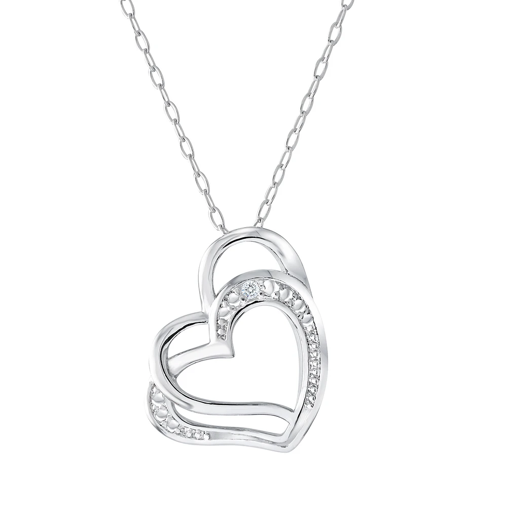 Pendentif double coeur en argent sterling sertis d'une touche de diamant - chaîne incluse. Color: argent | Doucet Latendresse