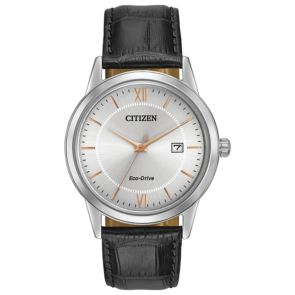 Citizen Eco-Drive watch for men - Silver dial with mineral crystal & Genuine black leather band | Doucet Latendresse