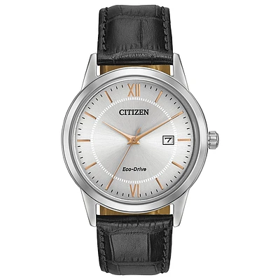 Citizen Eco-Drive watch for men - Silver dial with mineral crystal & Genuine black leather band | Doucet Latendresse