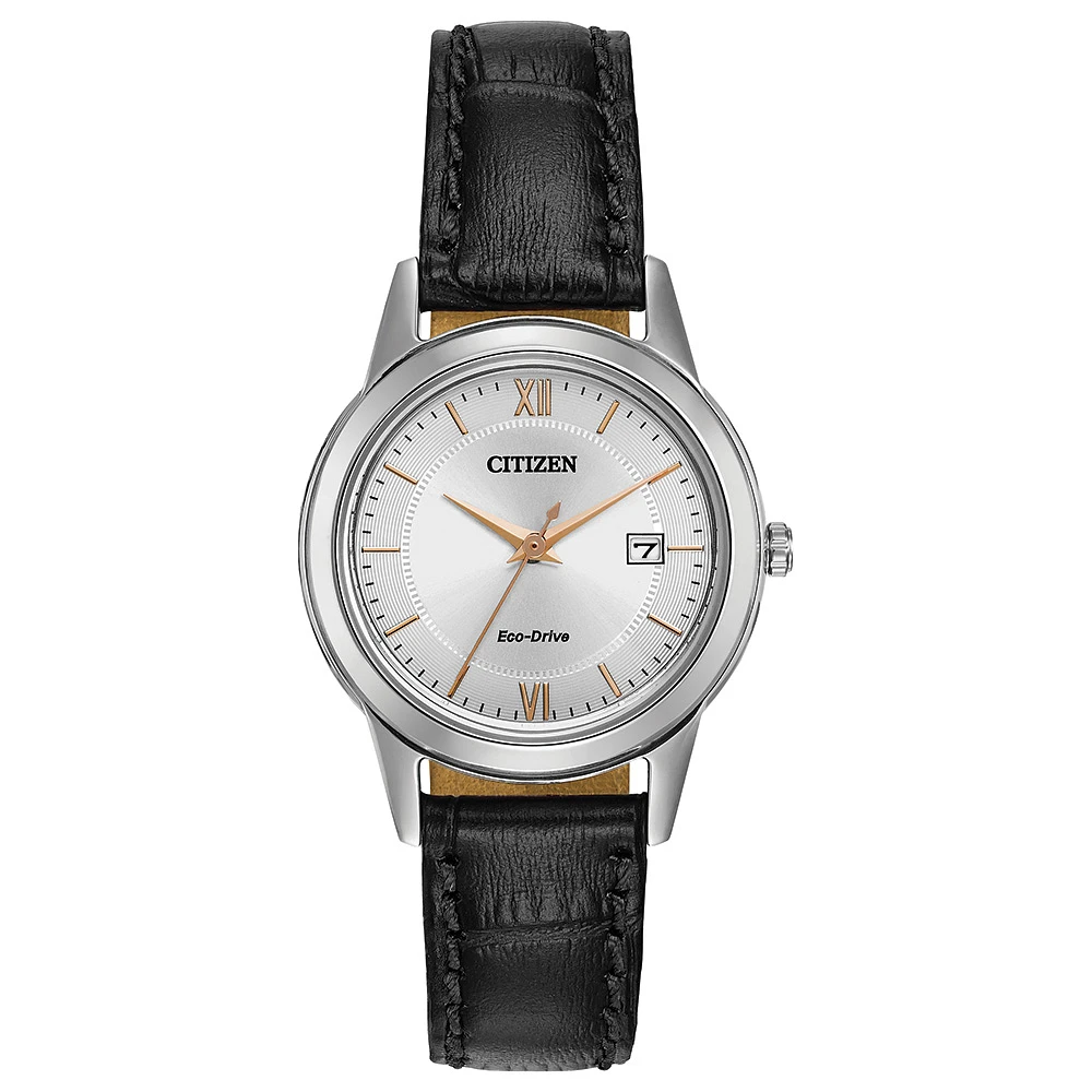 Citizen Eco-Drive watch for women - Silver dial with mineral crystal - Genuine black leather band | Doucet Latendresse