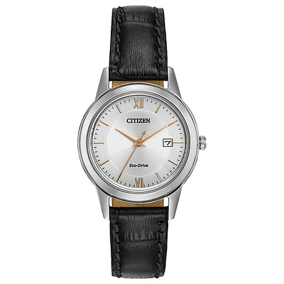 Citizen Eco-Drive watch for women - Silver dial with mineral crystal - Genuine black leather band | Doucet Latendresse