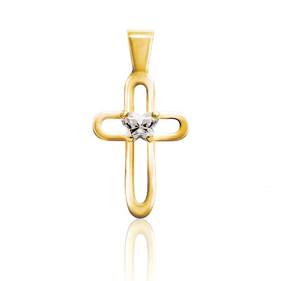 BFLY cross pendant for babies set with a cubic zirconia (month of April) - 10K yellow Gold. Color: yellow | Doucet Latendresse