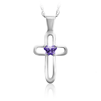 BFLY cross pendant for children - Sterling silver & purple cubic zirconia (month of February). Color: silver | Doucet Latendresse