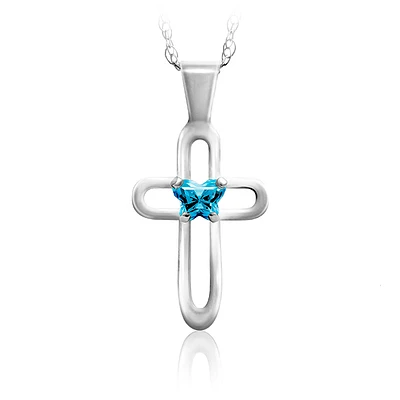 BFLY cross pendant for children set with a blue cubic zirconia (month of December) - Sterling silver. Color: silver | Doucet Latendresse