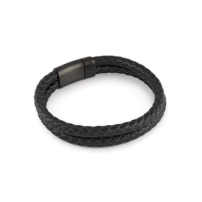 Men's bracelet - Black leather with stainless steel fastener. Color: black | Doucet Latendresse
