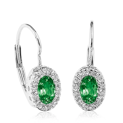 Dangling earrings for women - 10K white Gold & Diamonds T.W. 0.10 Carat and Genuine emeralds. Color: white | Doucet Latendresse