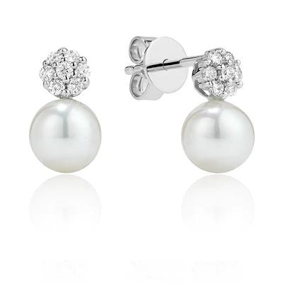 14K Gold Diamond and Pearl Stud Earrings. Color: white | Doucet Latendresse