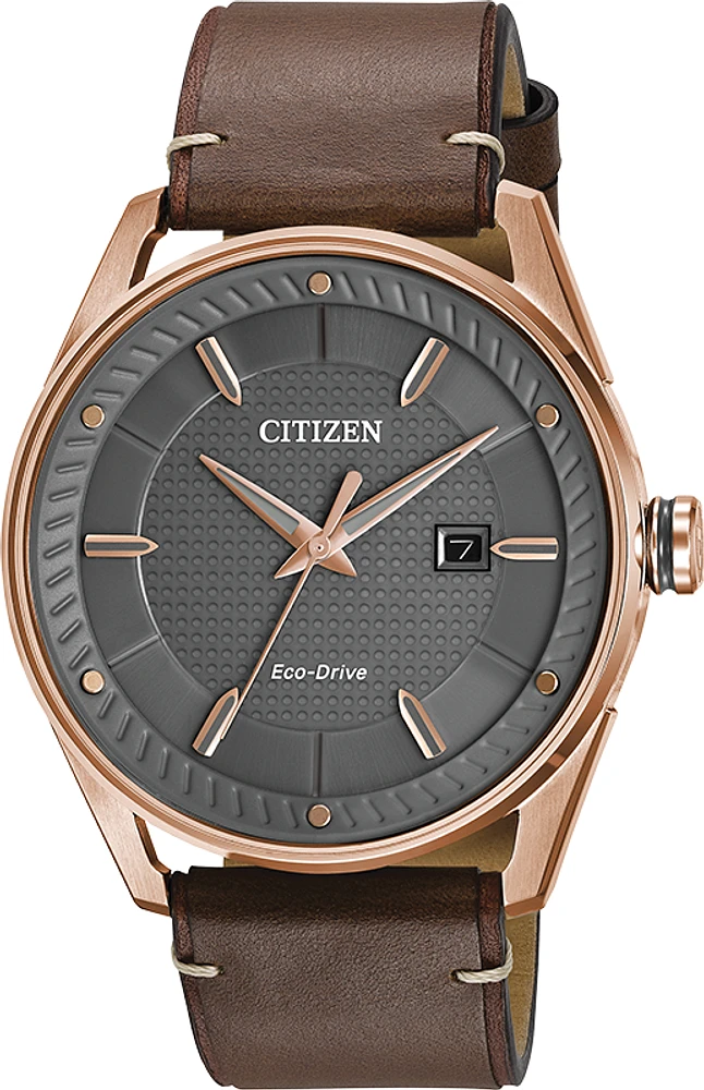 Citizen Eco-Drive watch for men - Dark grey dial with mineral - Band in brown leather - Fonctions: Date | Doucet Latendresse