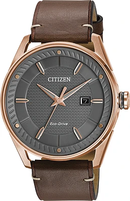 Citizen Eco-Drive watch for men - Dark grey dial with mineral - Band in brown leather - Fonctions: Date | Doucet Latendresse