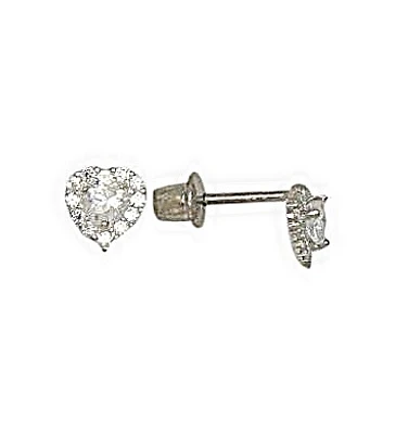 Heart sterling silver screw-back earrings for children and set with cubic zirconia. Color: white | Doucet Latendresse