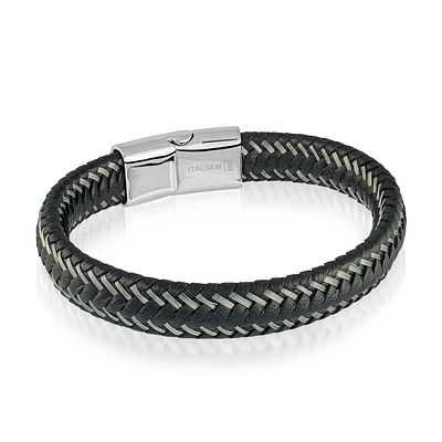Bracelet for men - Black and grey leather with stainless steel clasp. Color: black | Doucet Latendresse