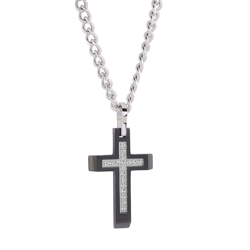 Collier avec pendentif croix - Acier inoxydable & Zircons cubiques. Color: 2 tons | Doucet Latendresse
