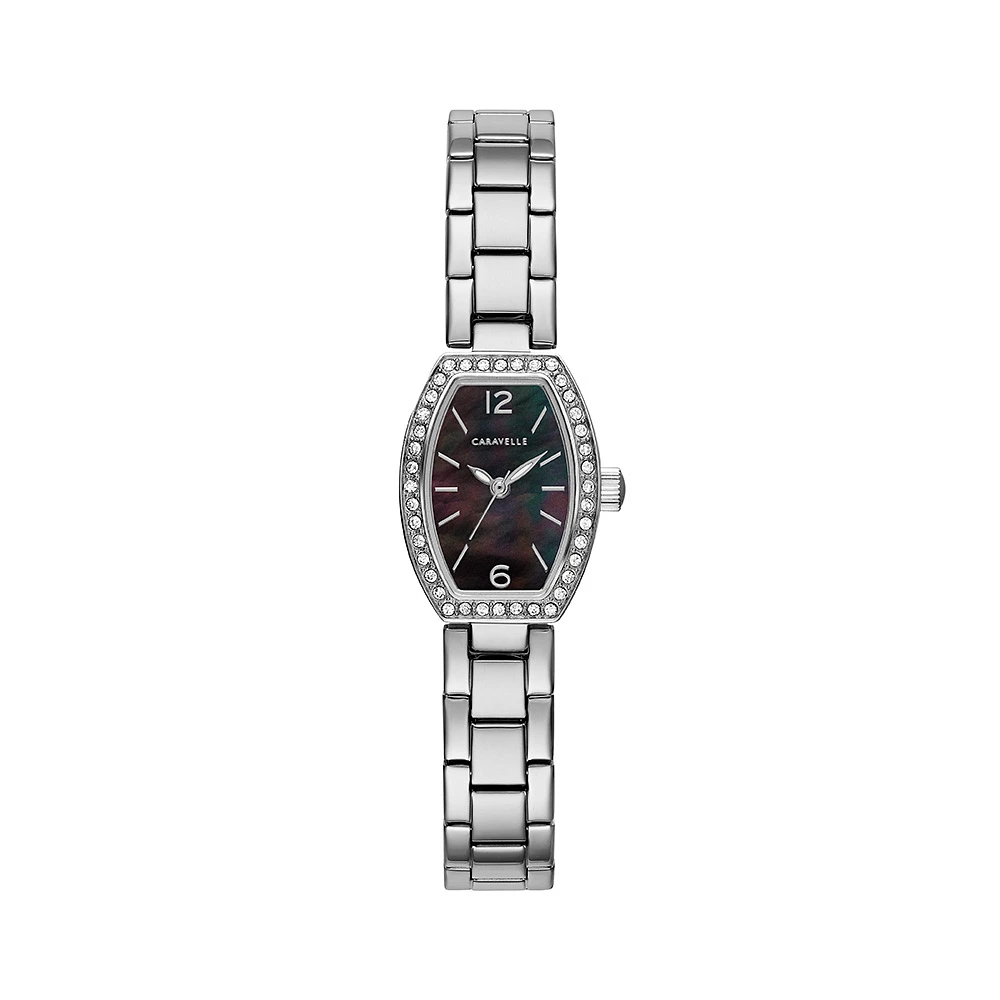 Montre Caravelle NY pour femmes - Acier inoxydable & Cadran noir nacré avec 40 cristaux sur le boîtier | Doucet Latendresse