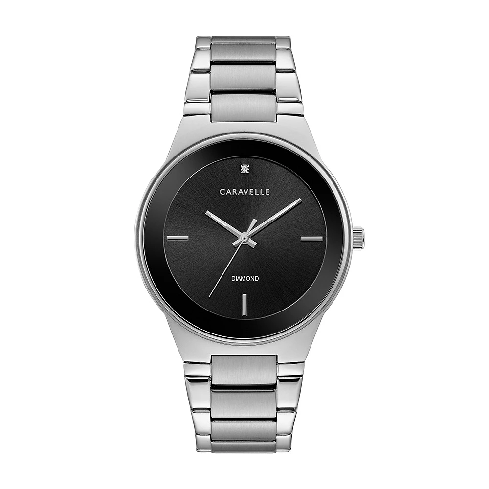 Montre Caravelle NY pour homme - Acier inoxydable & Cadran noir avec un diamant | Doucet Latendresse