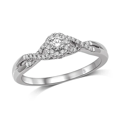 10K White Gold Diamond Twist Halo Engagement Ring. Color: white | Doucet Latendresse