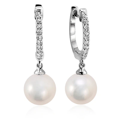 Boucles d'oreilles anneaux pour femme - Or blanc 10K avec diamants totalisant 12pts. & Perles blanches. Color: blanc | Doucet Latendresse