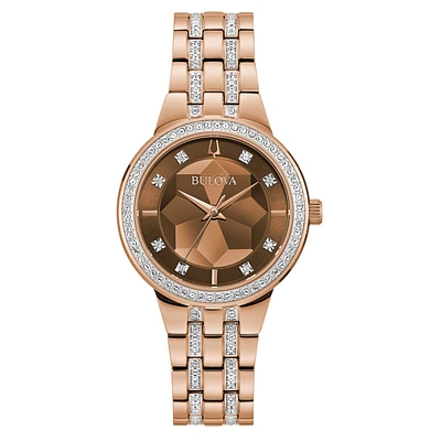 Bulova Rose Gold Tone Crystal Accent Watch – 32mm, Geometric Dial, Stainless Steel Bracelet | Doucet Latendresse