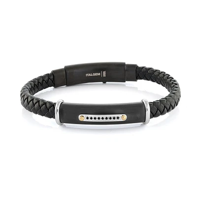 Adjustable bracelet - Braided noir  leather & Stainless steel & cubic zirconia. Color: black | Doucet Latendresse