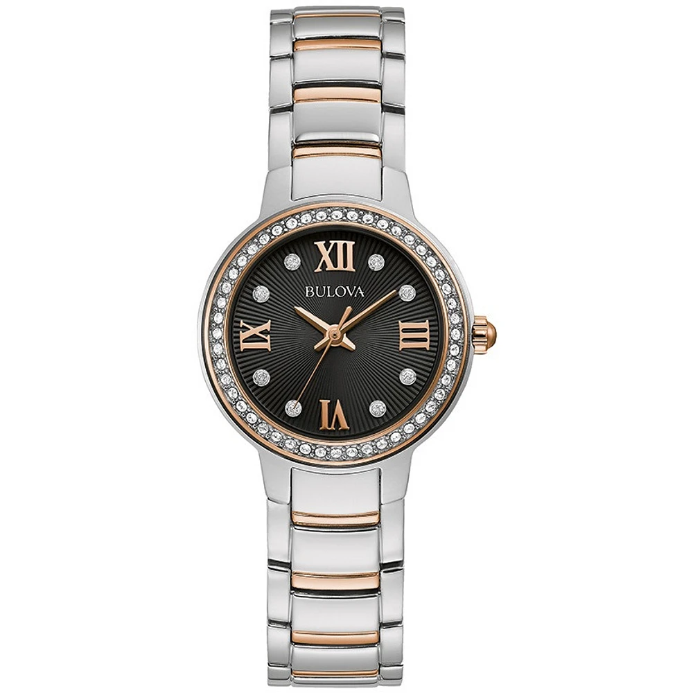 Montre en Acier Inoxydable 2 Tons – 30mm, Cadran Noir avec Marqueurs en Cristaux | Doucet Latendresse