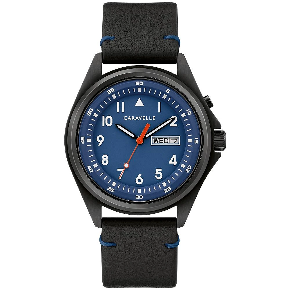 Montre Caravelle classique pour Homme avec bracelet cuir noir et cadran Bleu | Doucet Latendresse