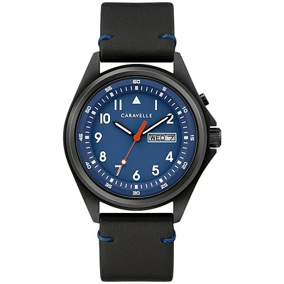 Classic Caravelle watch for men with black leather strap and blue dial | Doucet Latendresse