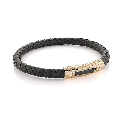 Bracelet - Braided black leather & Gold plated stainless steel. Color: yellow | Doucet Latendresse